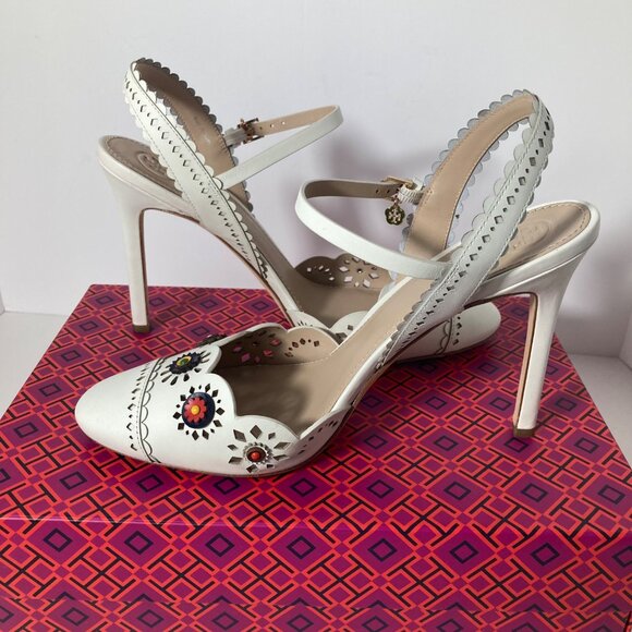 Womens Tory‎ Burch Perforated Marguerite Slingback Nappa Leather Shoes 8.5 Ivory - Picture 3 of 11